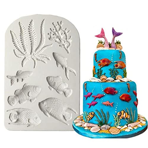 Molde de silicona de algas marinas de pescado para magdalenas de coral marino, moldes de chocolate, herramientas de decoración de pasteles de fondant
