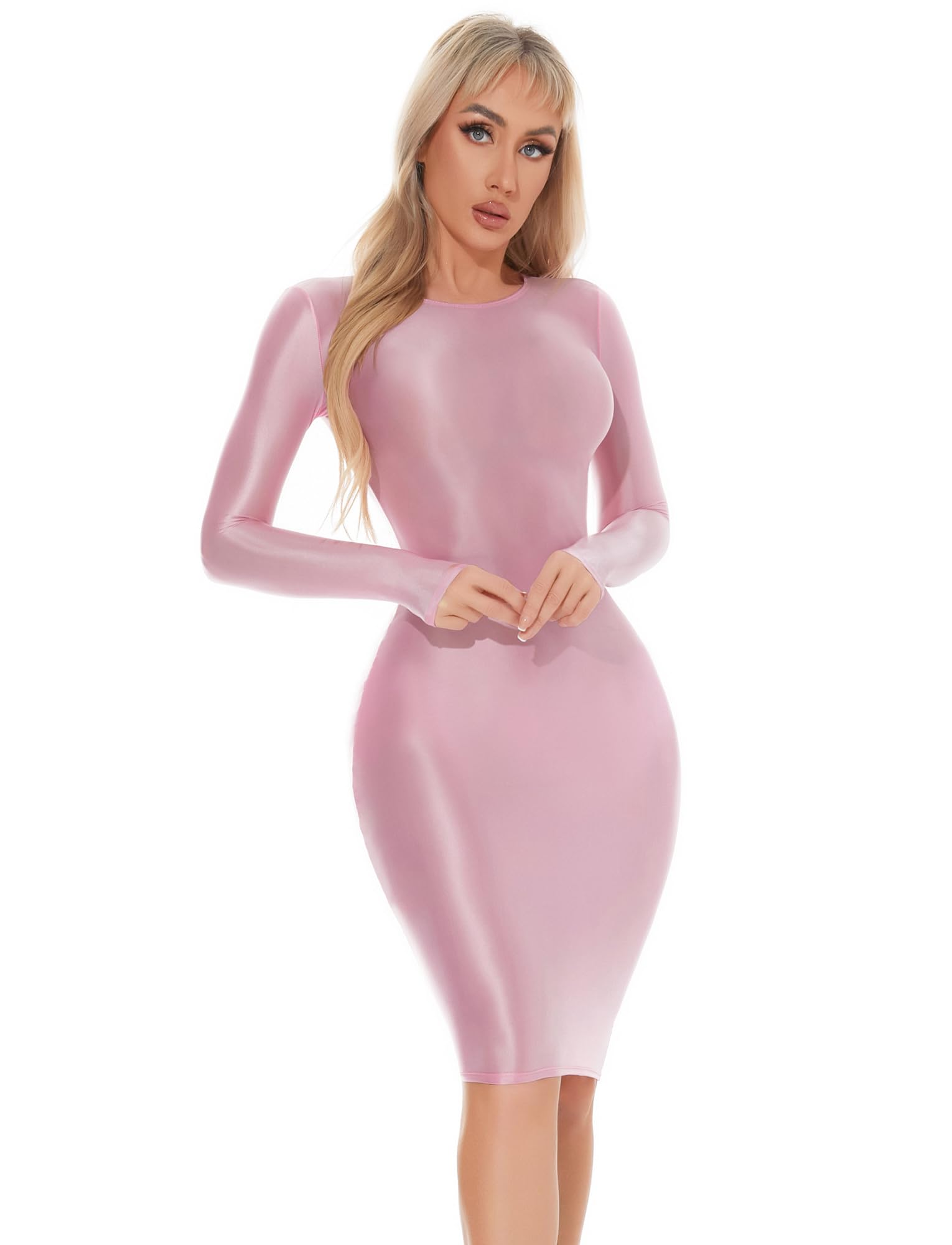 Maeau Robes Femme Brillant Bodycon Robes Sexy Glossy Robe Crayon Manches Longues Robe Taille Moulante Extensible Robe Wrap Huileuse Brillante Robe Club Mi-Longue Robe de Fête Clubwear M XL