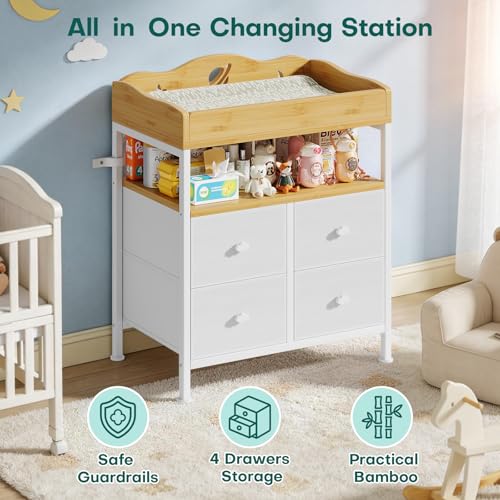 Image of POKIPO Bamboo Changing Table Dresser with Sturdy Metal Frame, 4 Fabric Drawers, 3-in-1 Baby Dresser with Changing Table Top, Diaper Changing Station and Storage Organizer for Modern Nursery