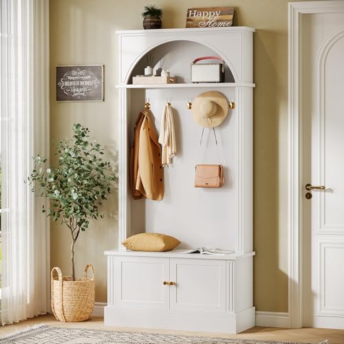 Image of Tribesigns Hall Tree with Bench and Shoe Storage, 4-in-1 Design Entryway Bench with Coat Rack, 70.86 inch Tall Mudroom Rack with 5 Double Hooks and Adjustable Shelf for Hallway (White)