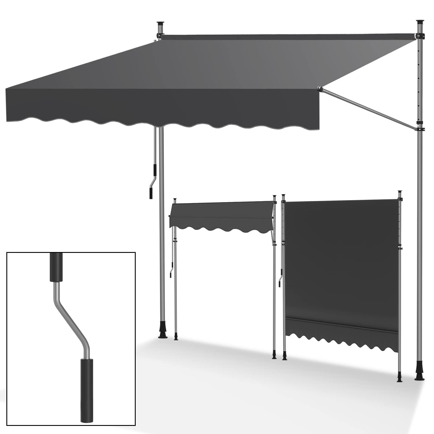 Tubiaz Klemmmarkise Balkon ohne Bohren, markise Balkon 250cm breit mit Handkurbel, Höhenverstellbare, UV-beständig und wasserdicht Klemmmarkise für Terrasse Balkon, Grau