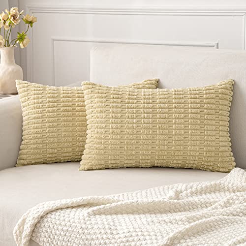 MIULEE Lumbar Corduroy Decorative Throw Pillow Covers 12x20 Beige Pack of 2