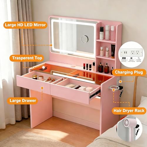 Image of Modern Makeup Vanity with LED Mirror, RGB Lighting, Glass Desktop and 2 Drawers, Small Space Vanity Desk for Women & Teen Girls, Pink Bedroom Dressing Table with Adjustable Lights