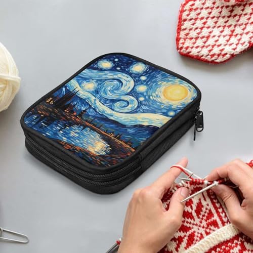 Image of Hudotybom Crochet Hook Case Starry Night Crochet Hook Holder Portable Crochet Hook Storage Bag with Web Pockets Suitable for Crochet Needles /Knitting Accessories