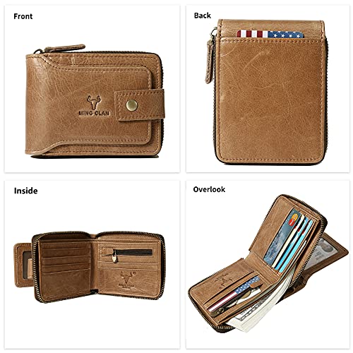 Image of MING CLAN Zipper Wallet Men RFID Blocking Leather Bifold Wallets For Men - Flap ID Window Zip Coin Pocket Mens Zipper Wallets - Big Capacity, Tobacco, M, Vintage