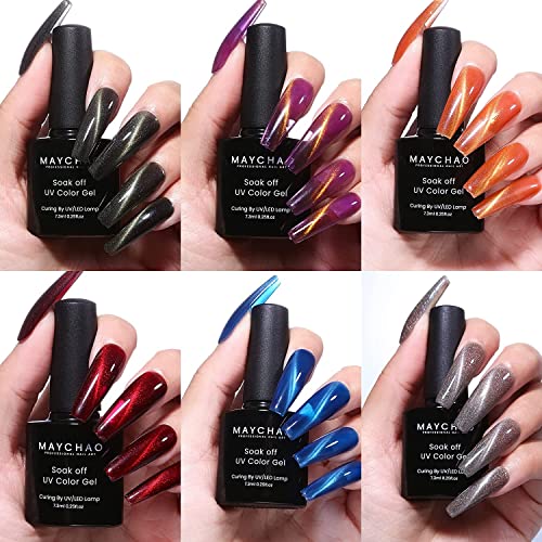Maychao 3D Cat Eye Gel Nail Polish Set With Magnet Stick, 6 Colors Nail Polish Gel Set Suitable For Nail Salon Diy At Home, Fall Winter, Holiday Gel Polish Kit With Gift Box #TOP2