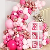 Dekoracje na 1. urodziny dla dziewczynek - 3 szt. pudełka na jeden balon i 104 szt. zestaw różowych balonów, balon dziecięcy różowy, balon gorący różowy, balony na 1. urodziny, pudełka na 1. urodziny