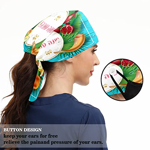 Women Adjustable Working Cap With Buttons Sweatband Rosh Hashanah Greeting Card Daisy Honey Tie Back Bouffant Hats For Men #TOP4