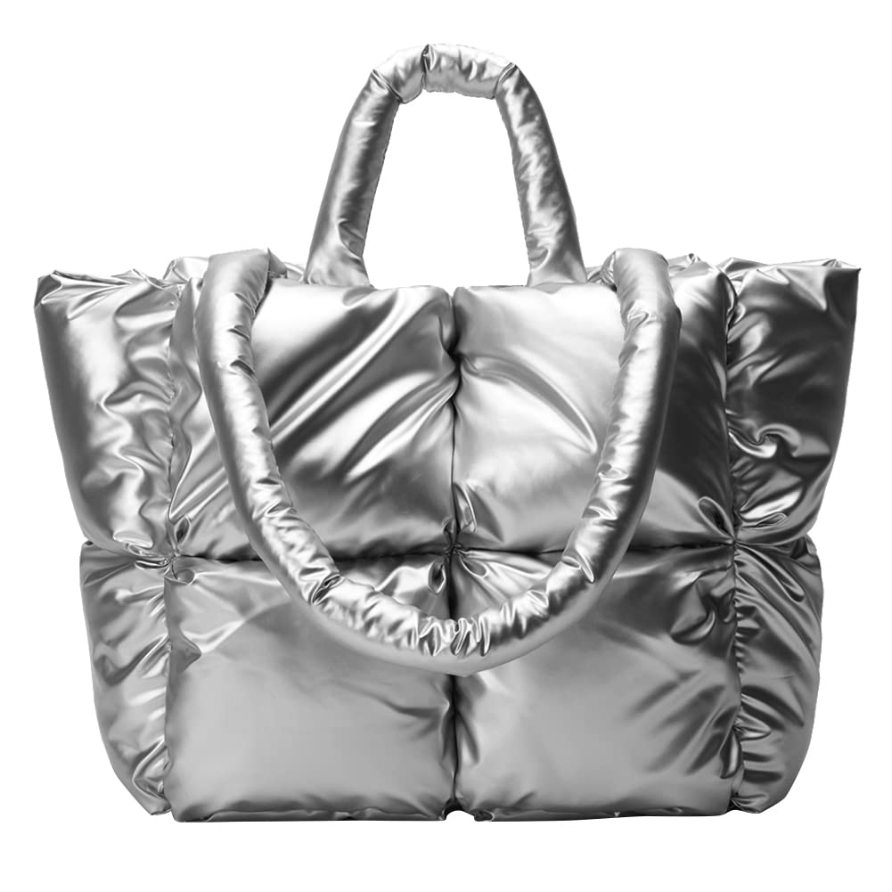 puffer tote bag for women quilted puffy handbag light winter down cotton padded shoulder bag down padding tote bag with inner zip pocket
