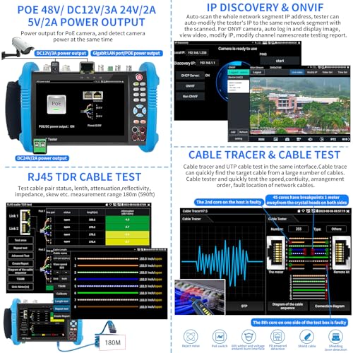 Rsrteng IPC-9800MOVTADHS Pro Full Features CCTV Camera Tester 7-inch IPS Touch Screen Monitor CCTV Tester with HD-TVI HD-CVI AHD SDI IP Camera Support DMM TDR Features POE 8K HDMI - Thumbnail 4