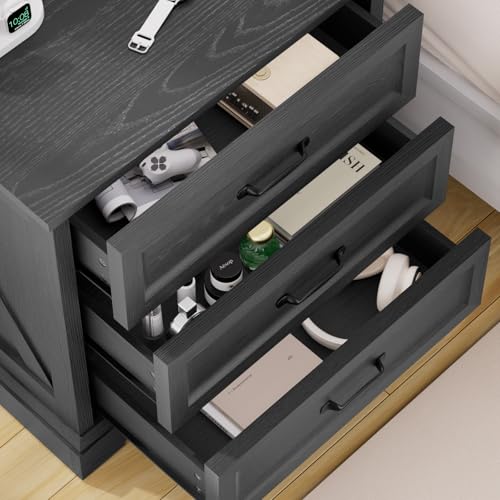 Image of HOMMPA 24'' Farmhouse Nightstand with Charging Station, Bedside Tables with Storage, Side Table with AC Outlets & USB Port, 3 Drawers End Table Dresser, Wood Night Stand for Bedroom, Black