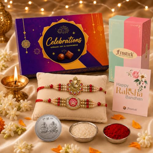 Image of Frostick Rakhi For Brother With Chocolate Combo Set of 2 Premium For Brother Gift Ganesha Krishna Rakhi for Bhaiya /Bhai /with Big Celebration Chocolate Pack Pair Couple