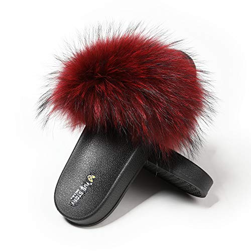 Fur Story Women's Fox Fur Slides Furry Slide Sandal (9, Wine Raccoon)