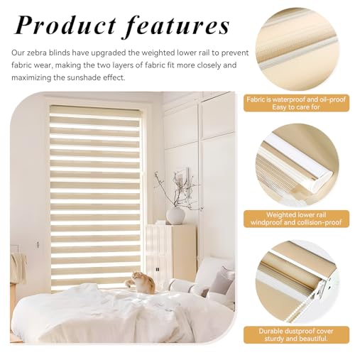No Tools No Drill Zebra Blinds for Windows Cordless,Customizable Zebra Roller Shades, Dual Layer Blackout-Filtered Privacy Light Control Window Blinds Home Office, Easy to Install