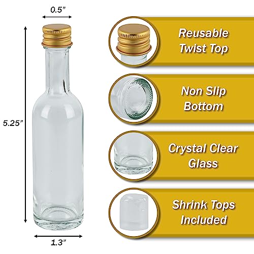 PELLAH GOODS 50 ml (1.7oz) Mini Small Glass Bottles With Leak Proof Gold Caps, Aluminum Lids, 24 Pack, For Liquor Wine Alcohol Ginger Shots SamplesTequila