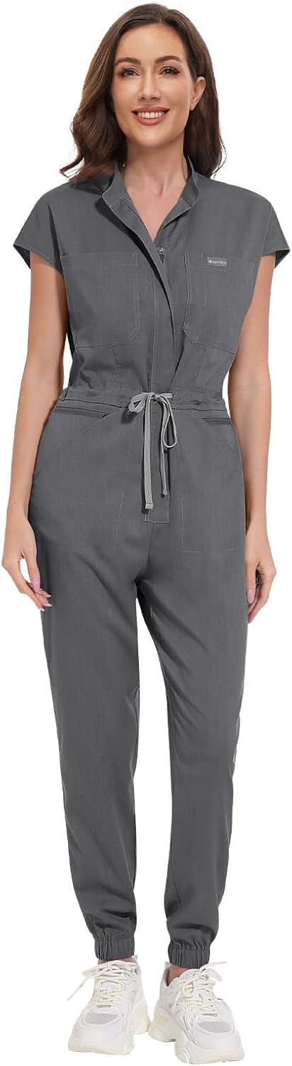 VIAOLI Scrub Jumpsuit One-piece Short-sleeved Scrub Set Belted Jogging Yoga Pants Scrub Uniforms for Women Set