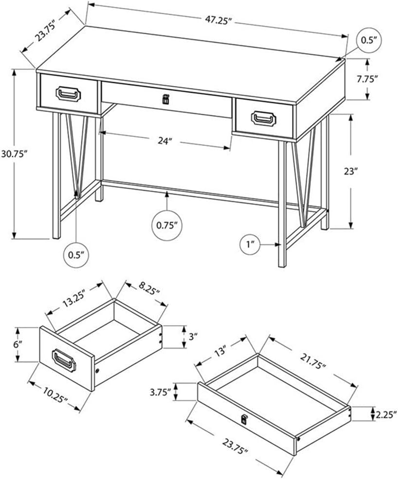 Monarch Specialties Computer Desk dimensional drawing with exploded view of drawers