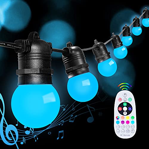 Color Changing String Lights Outdoor 48FT RGBW LED Patio Globe Light Music Sync with 15 Sockets Waterproof Plug in with Dimmer Connectable for Backyard Christmas Halloween Holiday Party Decor