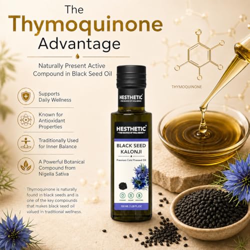 Image of HESTHETIC Cold Pressed Black Seed Oil 100ml | Pure Kalonji (Mangraila Tel) Edible Virgin Oil | High-Thymoquinone Food-Grade Nigella Sativa for Cooking, Salad & Daily Wellness | Glass Bottle