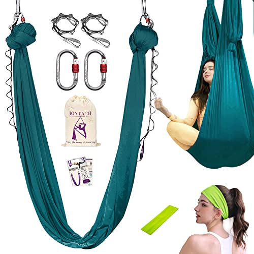 Iontach 5.5 Yards Aerial Yoga Hammock, Dark Green Aerial Silks Gymnastics For Home Indoor Jungle Gym, Antigravity Fitness Hammock With Carabiner, Daisy Chain And Guide #TOP8