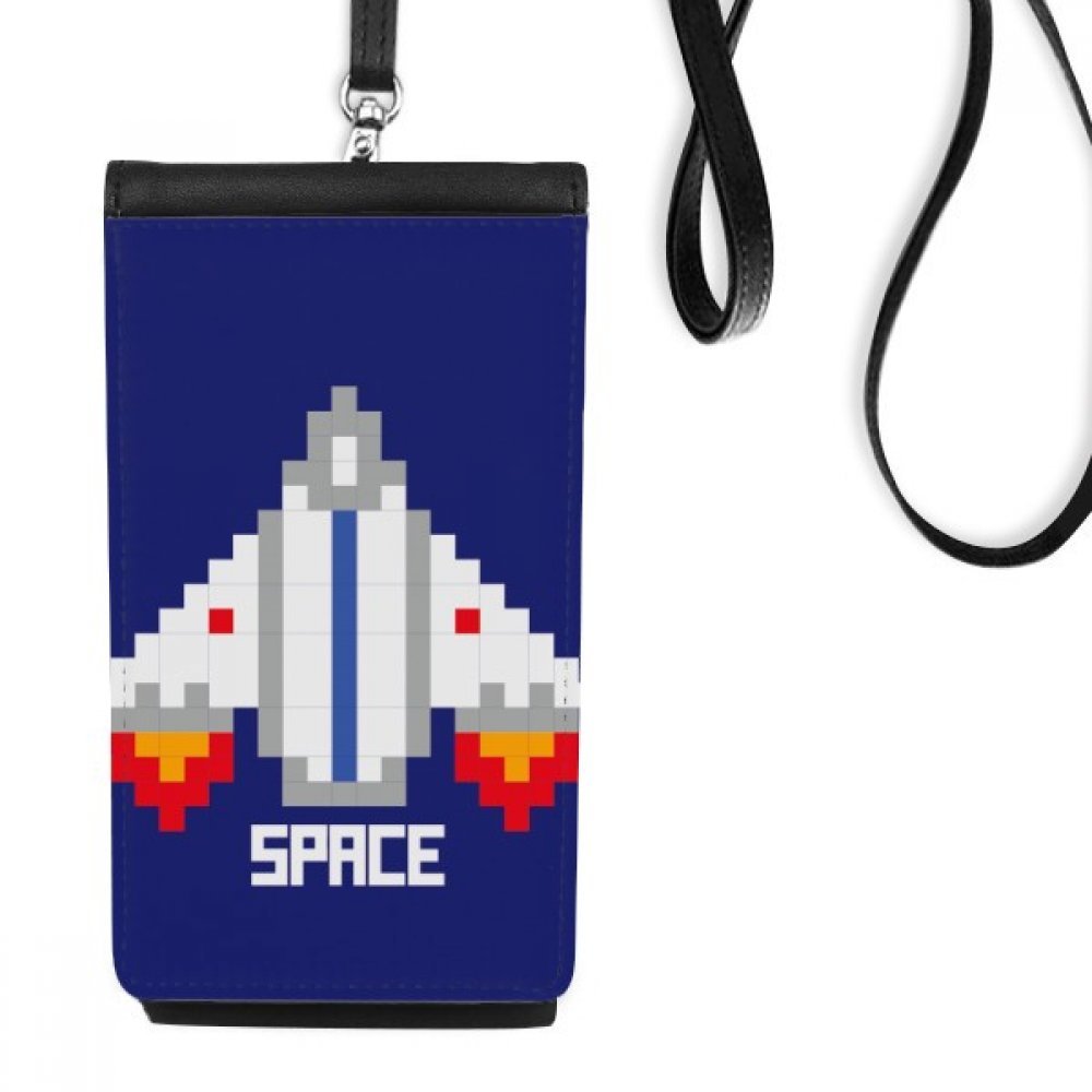 Sac téléphone en cuir pixel univers et vaisseau spatial noir pour smartphone suspendu