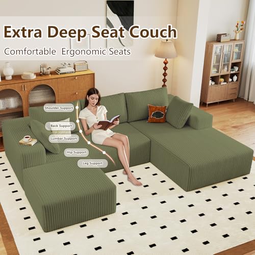 Image of 96 inch U-Shape Cloud Couch, Modern Modular Sectional L-Shape Sofa with Ottoman, Corduroy Upholstered Couches Deep Seat Sleeper Chaise Longue for Living Room, No Assembly Required(Green, Right Facing)
