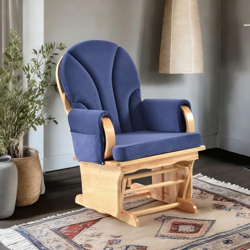 Image of Wooden Base Sliding Rocking Chair, Solid Wood Rocking Chair with Wooden Base Sliding Mechanism, Comfortable Feeding Chair Suitable for Nursery /Living Room /Bedroom (Natural Wood Blue)