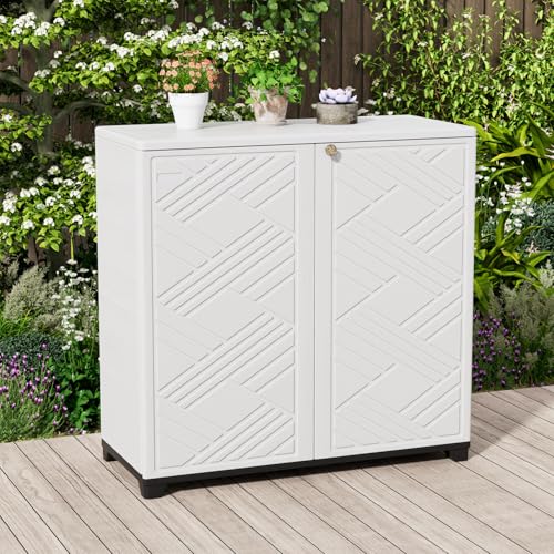 Image of KINYING Outdoor Storage Cabinet Waterproof, 60 Gallon Resin Outdoor Storage Shed for Patio /Garden /Backyard, Outdoor Storage Box for Cushions,Garden Tools and Pool Supplies(White W /O Shelving)