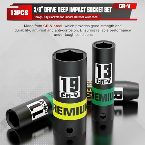 Image of 13-Piece 3 /8 inch Drive Deep Impact Socket Set, 7-19mm, CR-V, 6 Point, Heavy-Duty Sockets for Impact Wrenches, Automotive and Home