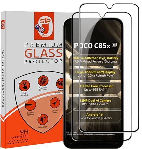 Image of STP FEEL Premium Tempered Glass Screen Protector Guard Compatible For Poco C85X 5G (6.9 Inch, Pack of 2) | Edge to Edge Coverage With Easy to installation kit for Smartphone