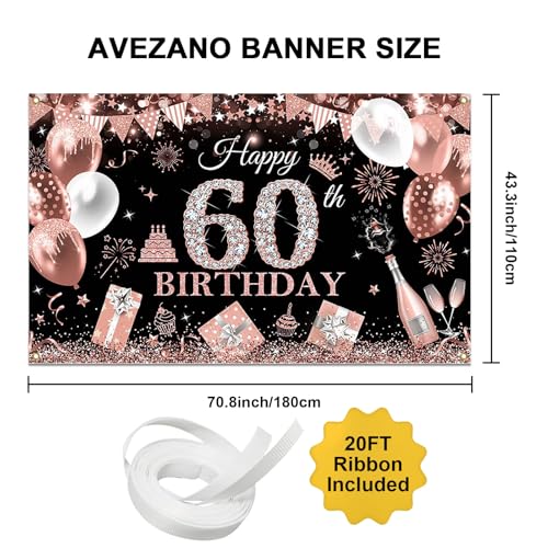 Image of Avezano Happy 60th Birthday Banner for Women Black and Rose Gold Glitter Balloon 60 Birthday Party Backdrop 60 Year Old Bday Photo Backdrop Party Supplies 70.8 x 43.3 Inch