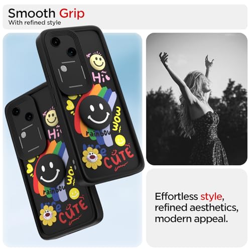 Image of Pikkme Back Cover for Vivo V30 5G / V30 Pro 5G | Soft Silicone| Cute Rainbow Smile & 3D Cartoon Flower Design | Shockproof Raised Camera Protection Bumper Case (Black)
