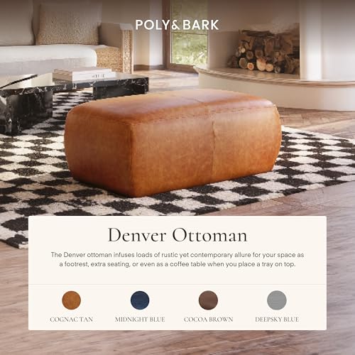 Image of POLY & BARK Denver Ottoman - 43 inch Large Pouf with Feather-Down Topper - Full-Grain Leather Upholstered Pouf Ottoman for Living Room - Vintage Italian Leather in Cognac Tan