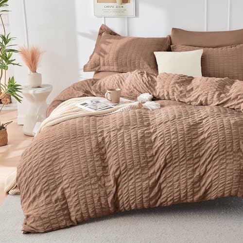 Image of HYMOKEGE Mocha Mousse Full Size Comforter Sets Seersucker 7 Pieces, All Season Luxury Bed in a Bag for Bedroom, Bedding Set with Comforter, Sheets, Pillowcases & Shams