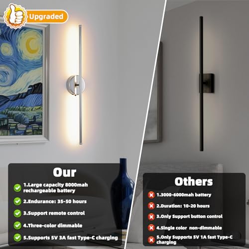 Image of Battery Operated wall Sconce Set of 2, Chrome 27.5 inch LED USB Rechargeable dimmable wall Sconce with Remote Control, Rotate 350 for Living Room, Bedroom, Hallway and scones Lighting