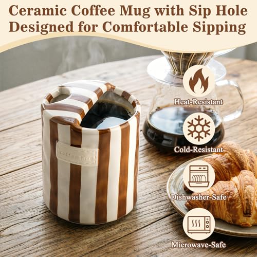 Mug de cerámica con diseño rayado y tapa para beber, 10 oz miniatura 2