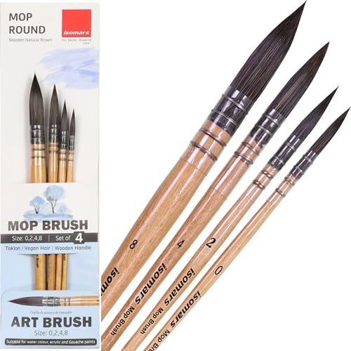 Image of Isomars Mop Brush Set of 4 - Professional Watercolor Paint Brushes with Natural Wooden Handles - Ideal for Watercolor, Acrylic, Gouache, and Ink - Artist Grade Soft Synthetic Hair (Mop Brush Set)