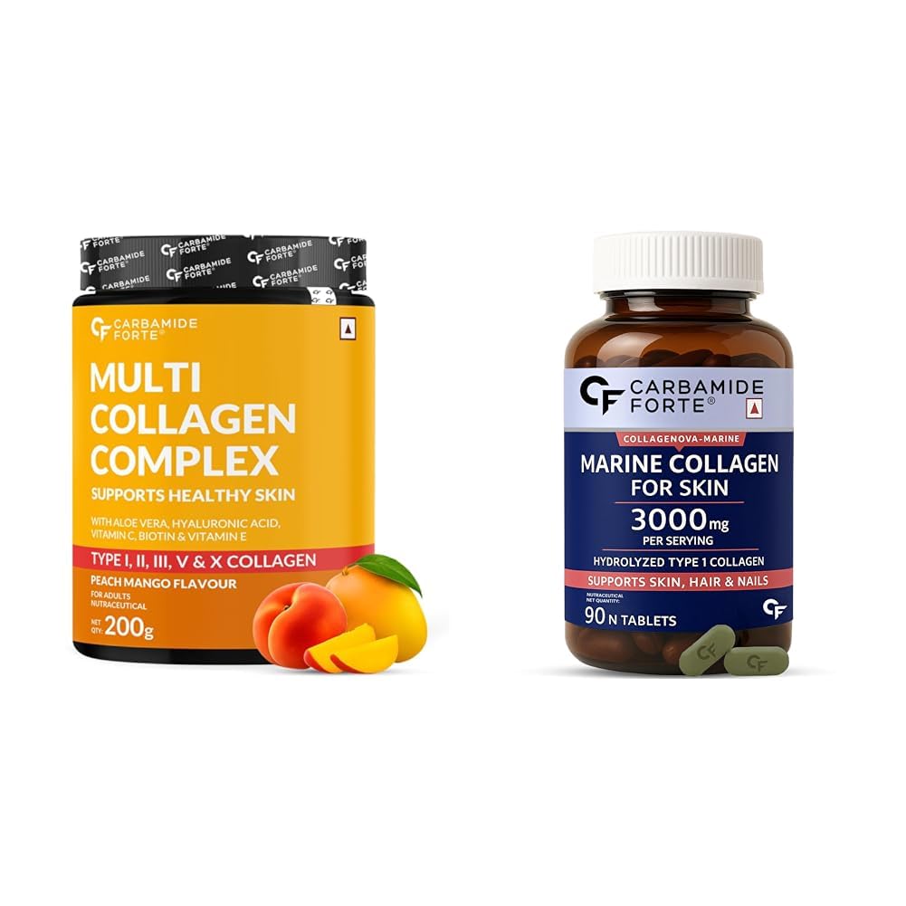 Carbamide Forte Hydrolyzed Multi Collagen 5x Powder - Peach mango Flavor - 200g & Hydrolyzed Marine Collagen Supplements Type 1-90 Tablets-image-27