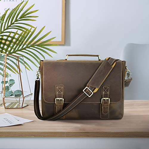 Texbo Men's 16 Inch Full Grain Cowhide Leather Laptop Briefcase Messenger Bag Tote with YKK Metal Zipper