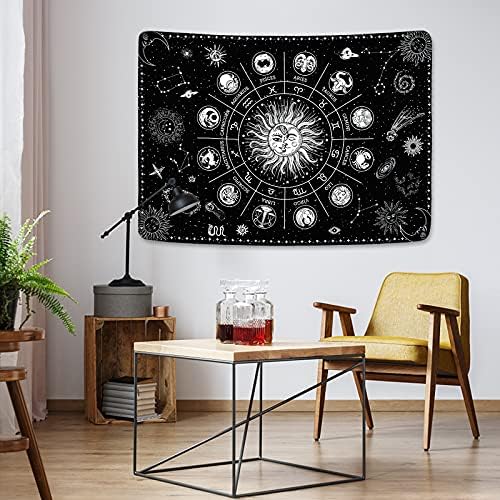 Yugarlibi Astrology Tapestry Wall Hanging, Black Tarot Card Constellation Tapestry, Sun and Moon Wall Art for Bedroom Living Room, 150x130 cm