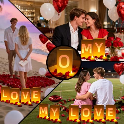 Image of MY LOVE Light Up Letters, with Tea Lights Candles, Rose Petals, Pearlescent Foil Balloons - Luminary Paper Bags, Anniversary Decorations and Valentines' Day Decorations for Your Loved One