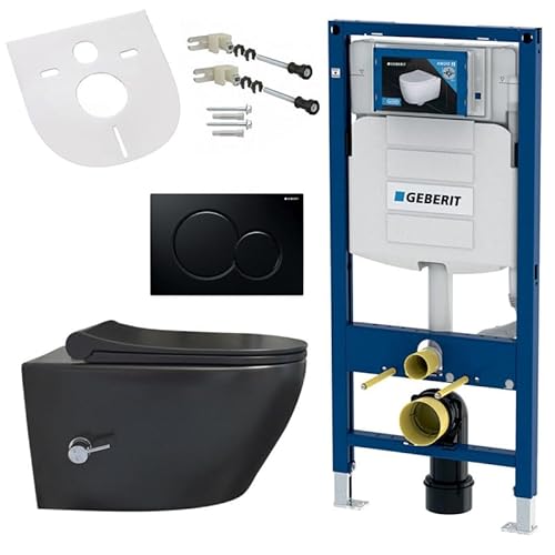 Belvit Hänge WC Komplett Set mit Bidet Funktion, Wand Toilette Schwarz mit Taharet und UP320 Vorwandelement, spülrandlose Keramik, WC Sitz mit Softclose Deckel & Betätigungsplatte Schwarz