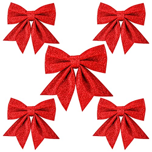 Noeud de Ruban de Noël Ornements, 5 Pièces Arcs de Noël Nœuds Paillettes pour Arbres de Noël, Nœuds Décoratifs de Noël Noeud Sapin Noel Ruban Scintillant avec 24&18cm Grande Taille(Rouge) Cover