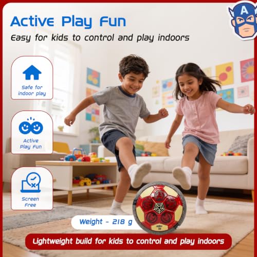 Image of Amazon Brand - Jam & Honey Smart Electronic Rechargeable Hover Air Ball Football Toy Avengers, USB Type-C, 3 Speed Modes, LED Light, Strong Body, Indoor Soccer, Safe for Boys & Girls