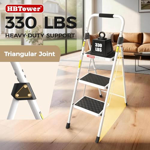 Image of HBTower 3 Step Ladder, Heavy Duty Step Stool with Anti-Slip Pedal and Feet, Folding Step Stool for Adults, Comfortable Handrail, Portable Ladder for Home Kitchen Garage Outdoor, 330 Lbs, White