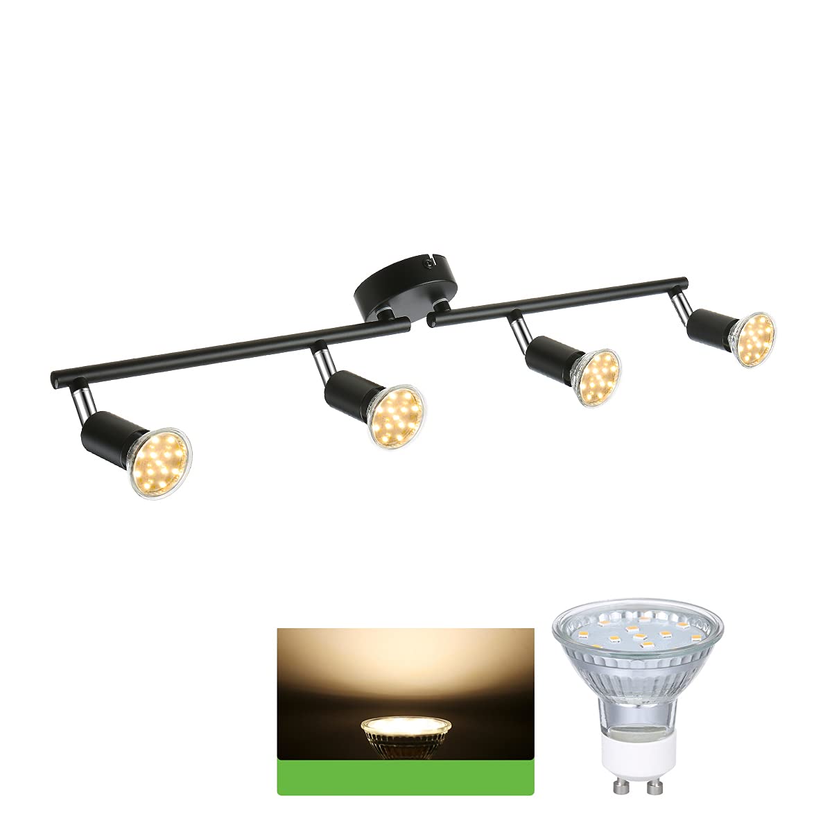 Tomshine Plafonnier LED 4 Spots orientables, noir 4 x 4W GU10 Barre Spot Plafond LED Eclairage intérieur pour Salon Salle à Manger