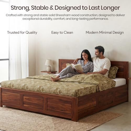 Image of WOODLAB Solid Sheesham Wood King Size Bed with Box Storage | Wooden Double Bed Cot for Bedroom | Heavy Duty Palang Bed Furniture | Modern Honey Finish
