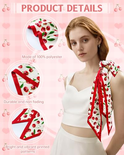 Mesovor Cherry Head Scarf Hair Neck Scarves for Women, Fashion Purse Bag Scarfs | Long Thin Satin Headscarf Headbands3
