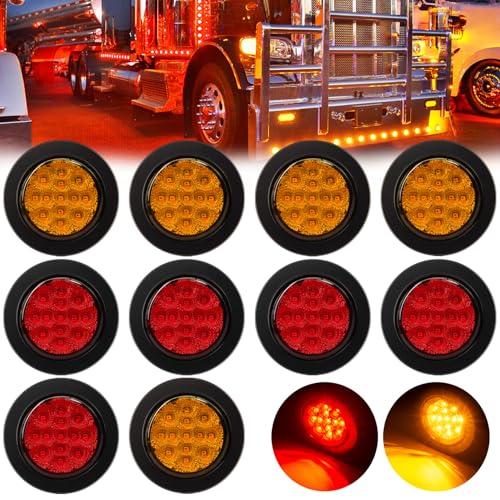 FBAAUKUS 10Pcs (5 Amber & 5 Red) 2.5 inch Round 13 LED Trailer Marker Light Grommet Flush Mount Sealed IP67 Waterproof 2.5 Clearance Light with Reflex Lens 12V for Truck RV Boat Camper Vans etc