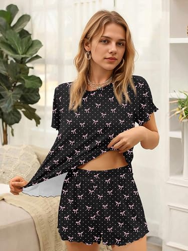 Image of Ekouaer Womens Pajamas 2 Piece Ribbed Knit Pjs Short Sleeve Sleepwear Set Summer Soft Pajamas Set Casual Lounge Sets